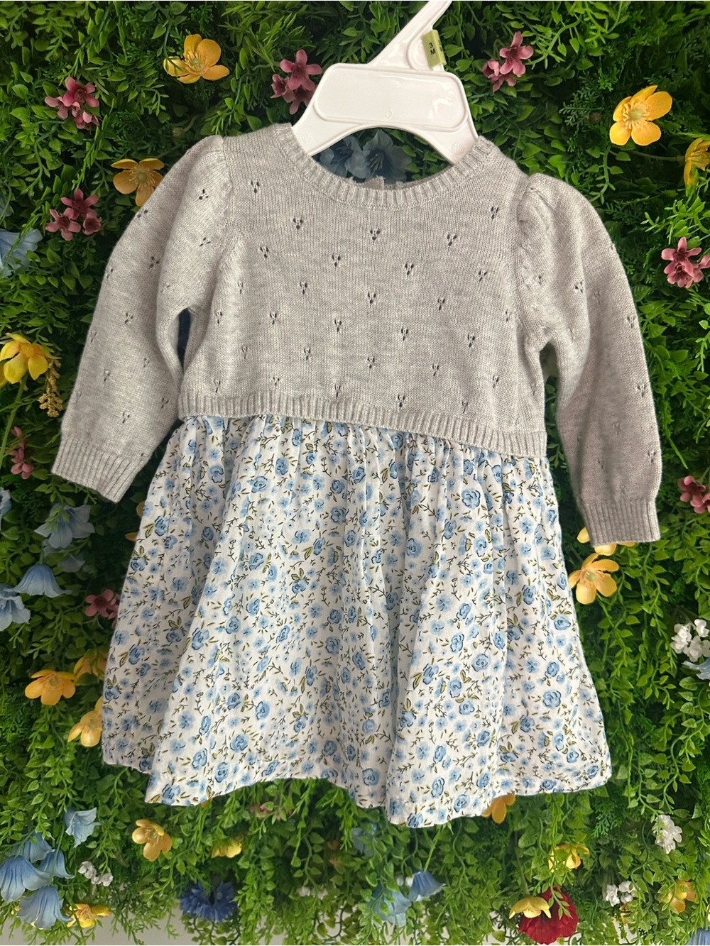 NORDSTROM Gray and Blue Floral Twofer Sweater Skirt Baby Dress - 0-3 Months NWOT